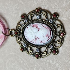 HANDMADE Cameo pendant  Swarovski crystals pink ribbon antique brass tone NWT